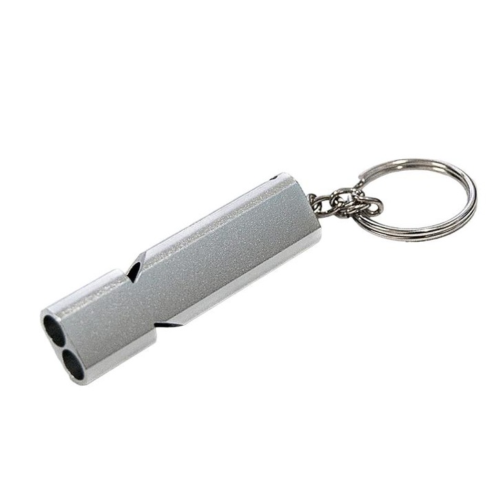 Fluier supravietuire cu breloc, frecventa inalta, tub dublu, argintiu