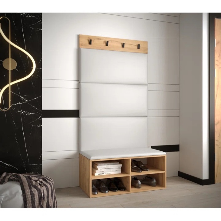 Cipős szekrény, kárpitozott paddal, akasztó 4 ellenálló akasztó, 184x84 cm, cipőtároló, ruharendezés, MOBLETO