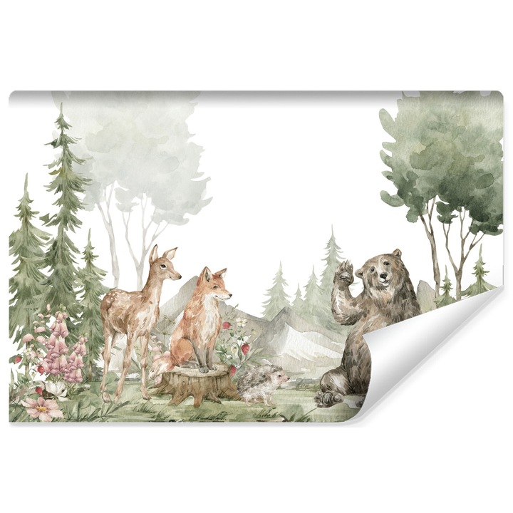 Fototapet Muralo Decor acuarela pentru camera unui copil 315 cm x 210 cm padure de basm, urs, animale salbatice 3D