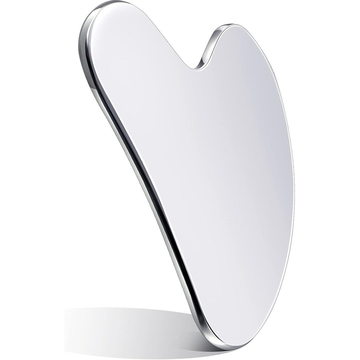 Instrument Gua Sha din Otel Inoxidabil, pentru Masaj Facial si Corporal, Set cu Husa de Calatorie, Argintiu, 8.9x5.6cm