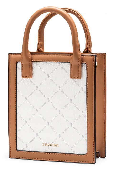 Geanta de dama Puccini, colectia Monogram, piele ecologica, alba, cu bareta ajustabila