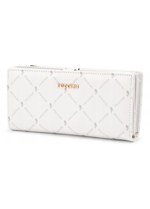 Portofel dama Puccini Monogram, ecologic, 12 compartimente, alb