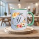 Cana personalizata cu initiala numelui, alba cu interior si maner verde, 350ml, Colectia Flori-Alfabet, litera Y