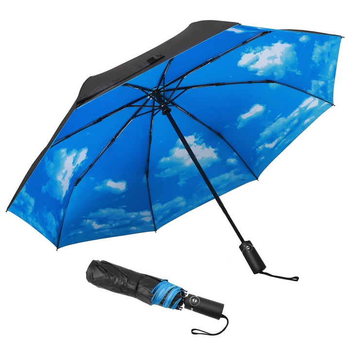 Компактен сгъваем чадър, ветроустойчив пътен чадър с механизъм за отваряне и затваряне, тефлоново покритие, подсилен сенник, ергономична дръжка, чанта за чадър, цвят sky