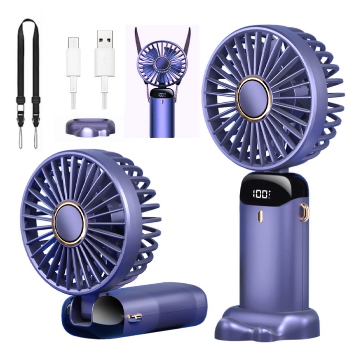 KLESTRY Ultra 3 az 1-ben hordozható ventilátor, LCD kijelző, kézi, íróasztal, nyak, összecsukható, telefontartó és aromaterápiás diffúzor, 5 sebességfokozat, lila