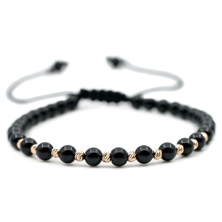 Karkötő, 10 db 14k arany golyóval és fekete ónix féldrágakővel, állítható