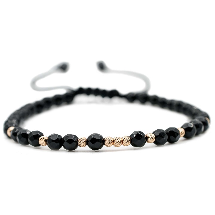 Bratara cu 9 bile de Aur 14k si pietre semipretioase Onix fatetat, Ajustabila