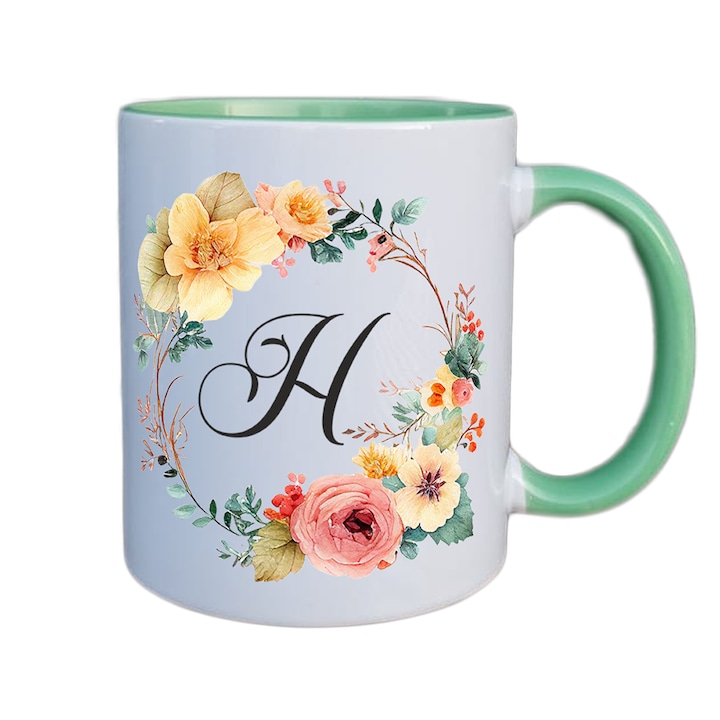 Cana personalizata cu initiala numelui, alba cu interior si maner verde, 350ml, Colectia Flori-Alfabet, litera H