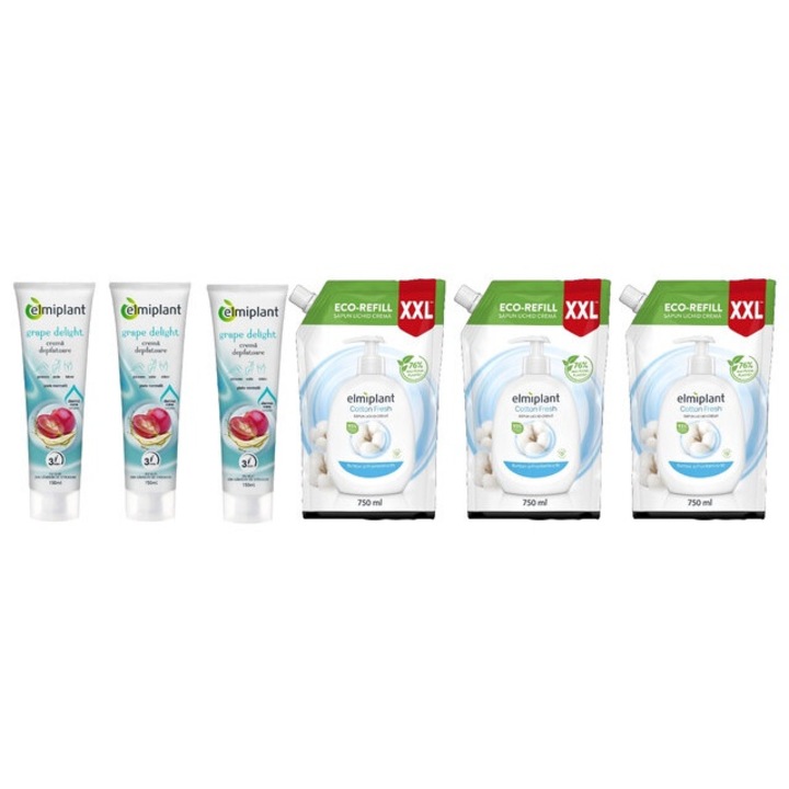 Elmiplant Комплект за лична хигиена 6 x компонента, 3 x депилиращ крем за тяло 150 ml Grape Delight, 3 x резервен течен сапун 750 ml Cotton Fresh, ефективно почистване, интензивна хидратация, лесно нанасяне, предотвратява дразнене, дерматологично тестван
