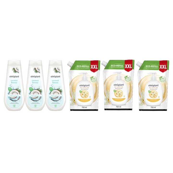 Elmiplant Комплект за лична хигиена 6 x компонента, 3 x душ гел крем 400 ml кокосов бриз, 3 x резервен течен сапун 750 ml бели венчелистчета, ефективно почистване, интензивна хидратация, лесно нанасяне, предотвратява дразнене, дерматологично тестван