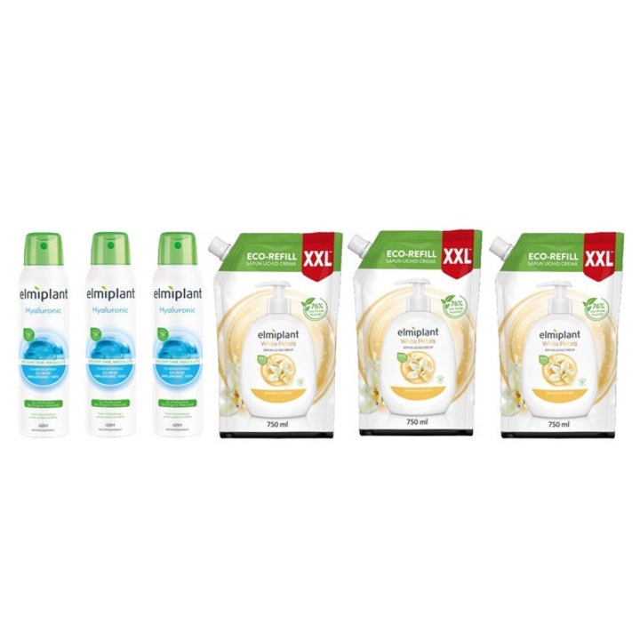 Elmiplant Комплект за лична хигиена 6 x Компоненти, 3 x Дезодорант спрей 150 ml Hyaluronic, 3 x Резервен течен сапун 750 ml White Petals, ефективно почистване, интензивна хидратация, лесно нанасяне, предотвратява дразнене, дерматологично тестван