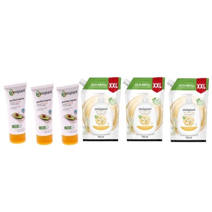 Elmiplant Комплект за лична хигиена 6 x компонента, 3 x крем за ръце 100 ml авокадо, 3 x резервен течен сапун 750 ml бели венчелистчета, ефективно почистване, интензивна хидратация, лесно нанасяне, предотвратява дразнене, дерматологично тестван