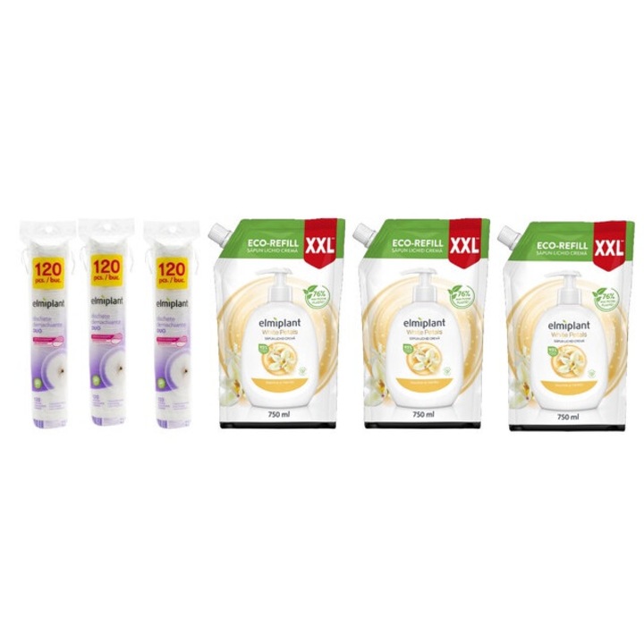 Elmiplant Комплект за лична хигиена 6 x компонента, 3 x 120 бр. Duo дискети за премахване на грим, 3 x 750 ml течен сапун White Petals, ефективно почистване, интензивна хидратация, лесно нанасяне, предотвратява дразнене, дерматологично тестван