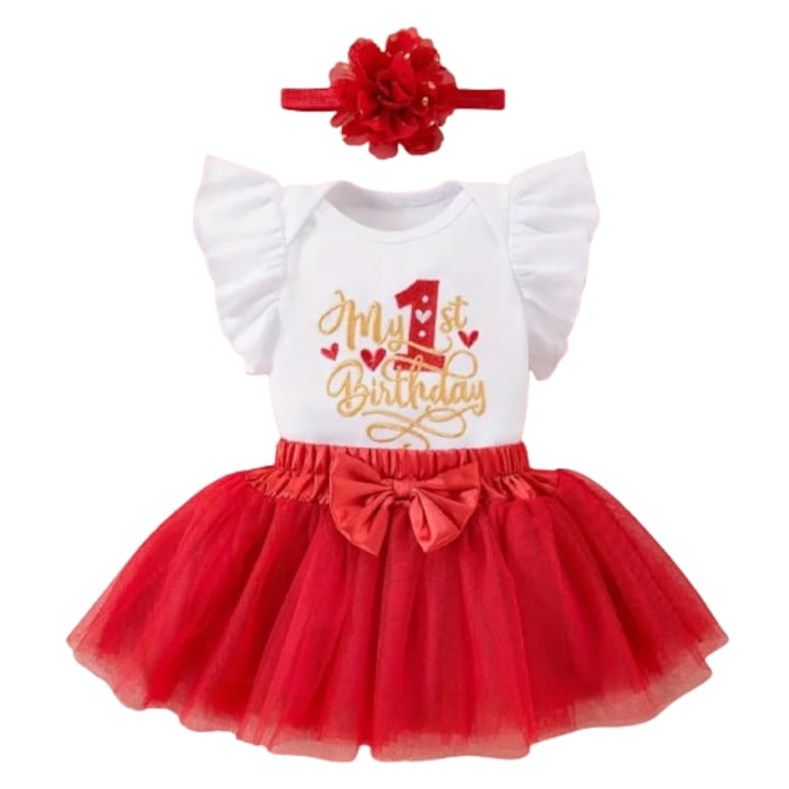 Set aniversar 1 an, body alb brodat cu volanase, fusta tull rosie si bentita 80cm