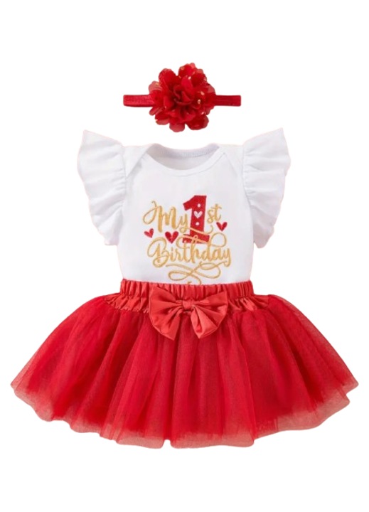 Set aniversar 1 an, body alb brodat cu volanase, fusta tull rosie si bentita 80cm