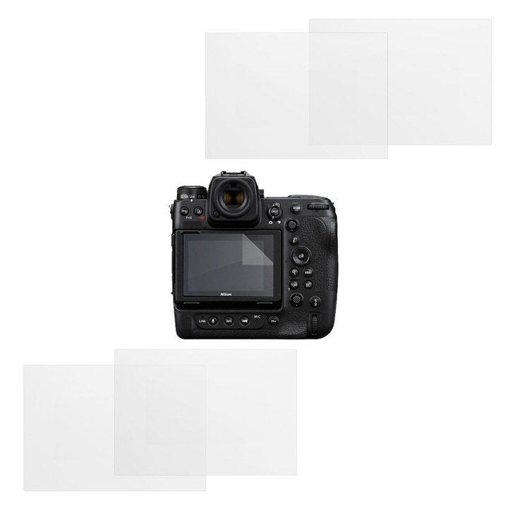 Set protectie compatibil cu Nikon Z 9, COMANDO Focus Shield, 4 Folii de Silicon Rezistente pentru Ecran, Anti-Reflexie, Anti-zgarieturi, Proprietati Regenerabile, Protectie Anti-Amprente, Aplicare usoara, Gri Transparent