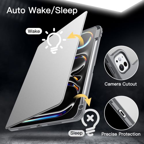 Husa 360 Smart Cover compatibila cu iPad Pro 13" M4/M5 2024/2025, Pencil Slot Rebound, Wake-Sleep, Camera Protection, Gri