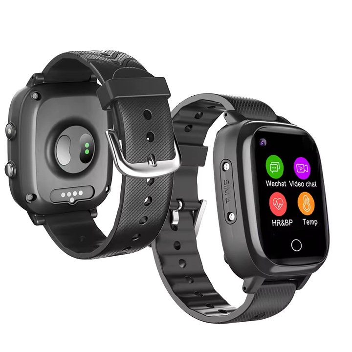Smartwatch Copii, ecran 1.96" IPS, rezolutie 240x240, monitorizare fitness, Gps+Lbs, apeluri video, functii: calendar, busola, cronometru, alarma, tracker activitate, buton SOS, baterie 800mAh, rezistenta IP67, compatibil Android/iOS, Culoare Negru