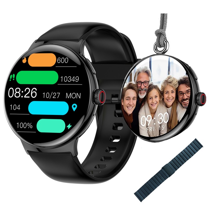 Мъжки смарт часовник TechONE® NeoWrist Pro, BT 5.3, 500 mAh, кръгъл 1,43 инча SUPER AMOLED, интелигентен, Bluetooth HD разговор, многоточков пулс, SpO2, напрежение, метален корпус, 2 каишки, IP68, черен