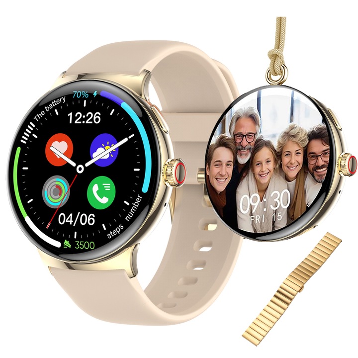 Дамски смарт часовник TechONE® NeoWrist, BT 5.3, 500 mAh, кръгъл 1,43 инча SUPER AMOLED, интелигентен, Bluetooth HD разговор, многоточков пулс, SpO2, напрежение, метален корпус, 2 каишки, IP68, Златист