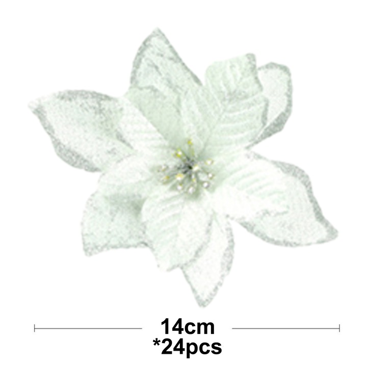 Flori pentru Pom de Craciun artificial cu zapada, Enforose, ornamente cu sclipici, lumini LED, set de 24