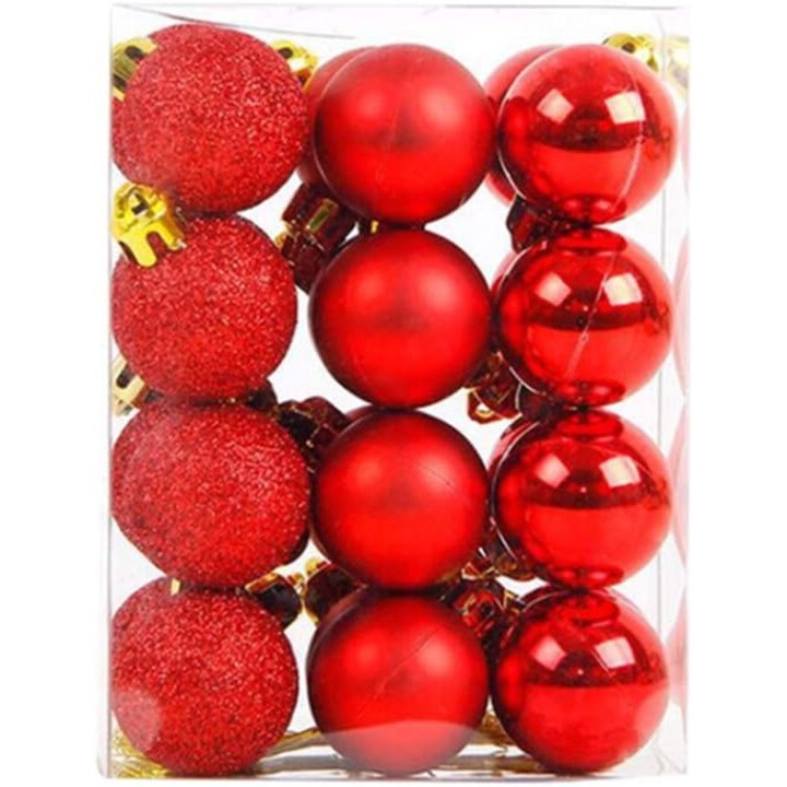 Globuri de Craciun rosii, set 24 buc, plastic ecologic, 3cm, design rezistent la spargere