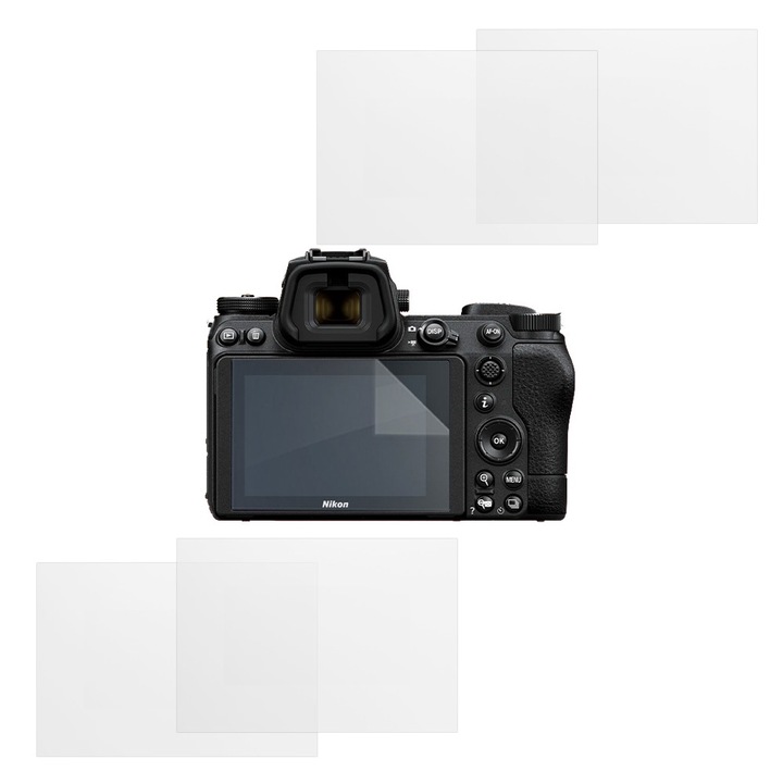 Set protectie compatibil cu Nikon Z 7 II, COMANDO Focus Shield, 4 Folii de Silicon Rezistente pentru Ecran, Anti-Reflexie, Anti-zgarieturi, Proprietati Regenerabile, Protectie Anti-Amprente, Aplicare usoara, Gri Transparent
