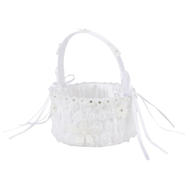 Esküvői virágkosár, longziming, fehér, 15,5x20,5cm, műanyagból és csipkéből