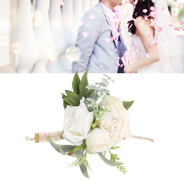 Esküvői kézdíszek, longziming, fehér rózsa virágok és zöld levelek, 18x10x5cm