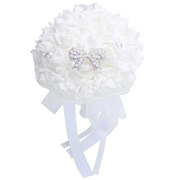 Mesterséges menyasszonyi csokor fehér rózsából szalaggal, Jormftte, dekoratív, tartós, 30x45cm