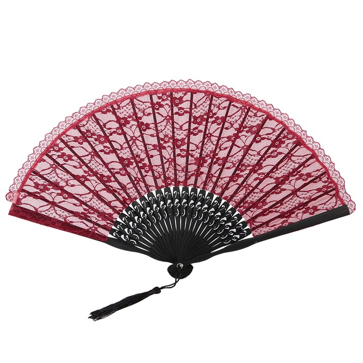 Összecsukható ventilátor tömör fából, vintage japán stílusú, bordó, dekoratív