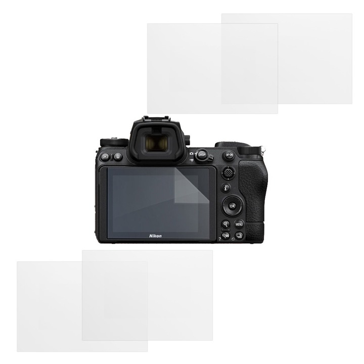 Set protectie compatibil cu Nikon Z 6 II, COMANDO Focus Shield, 4 Folii de Silicon Rezistente pentru Ecran, Anti-Reflexie, Anti-zgarieturi, Proprietati Regenerabile, Protectie Anti-Amprente, Aplicare usoara, Gri Transparent