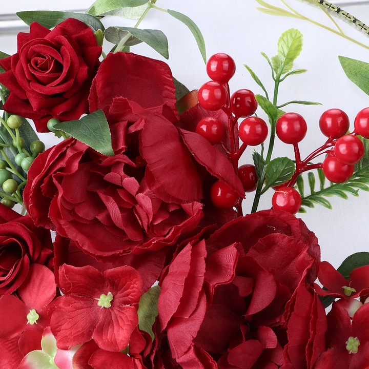 Esküvői legyező, longziming, piros, művirágokkal és bojttal, 24cm x 37.5cm