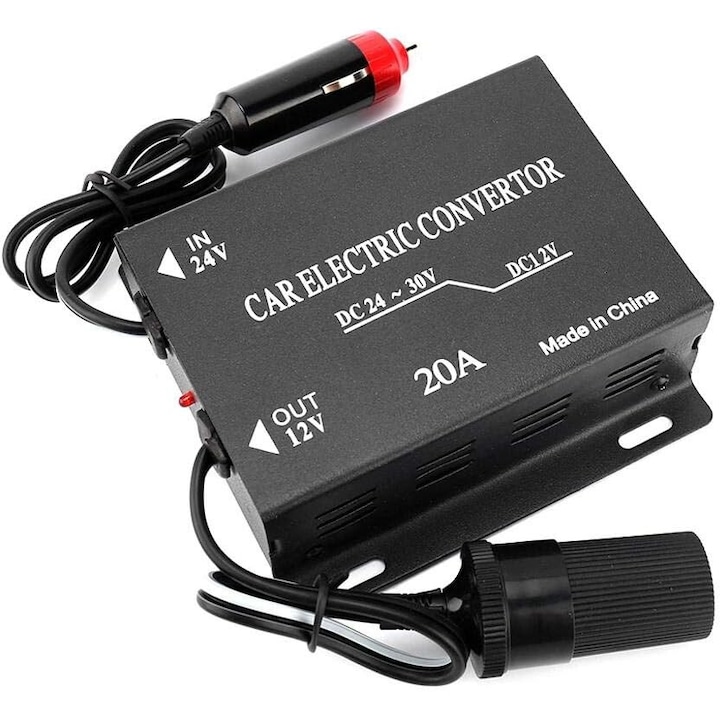 Convertor auto Enforose, 24V la 12V, din aliaj de aluminiu, protectie la suprasarcina si supraincalzire