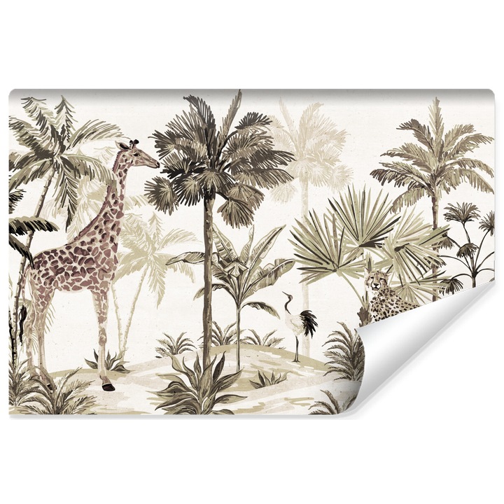 Fototapet Muralo Decor de safari fermecator pentru camera unui copil 368 cm x 254 cm animale, girafe, plante tropicale