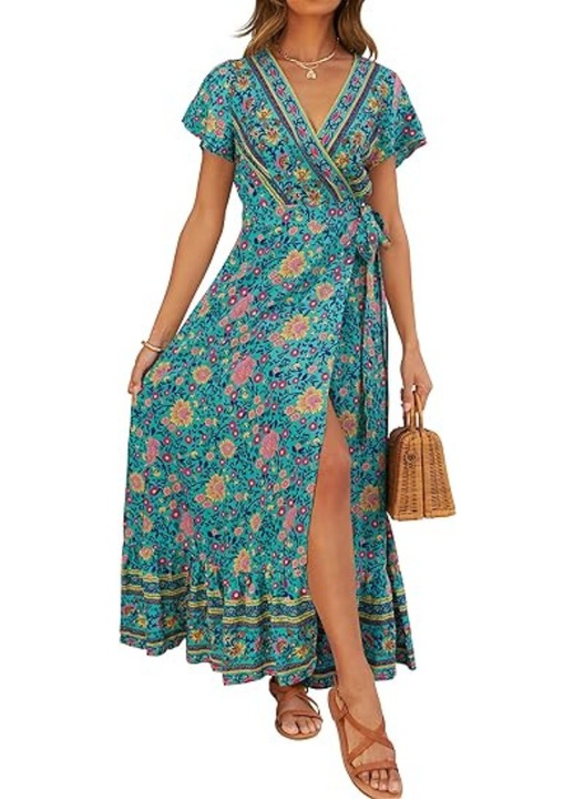 Рокля, Boho Style, Avondii, флорален принт с V-образно деколте, къси ръкави, разделен дизайн, размер XL, тюркоаз