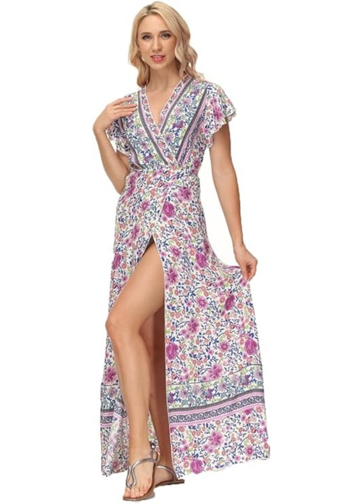 Rochie maxi in stil Boho, Avondii, cu imprimeu floral, Decolteu in V, Maneci scurte, Design petrecut si despicat, Alb, Alb