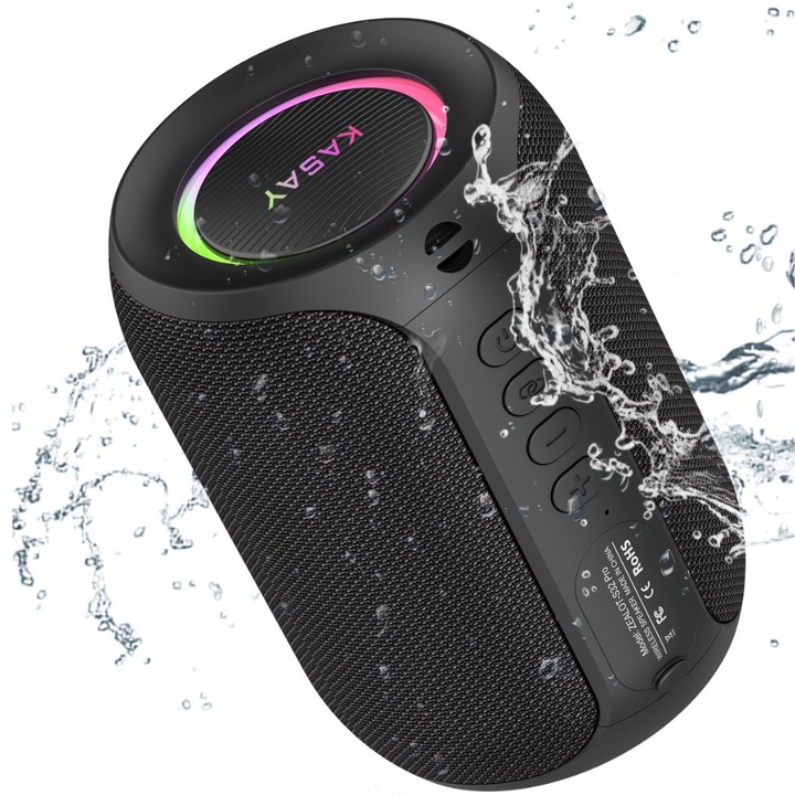 Boxa portabila KASAY, wireless, difuzoare bluetooth 5.2 portabil, sunet stereo puternic 15 w, lumina led RGB, acumulator 3000 mAh, 12 ore de functionare, dimensiuni 13 x 9 cm, greutate 470 grame, imperechere dubla USB / TF / AUX, negru