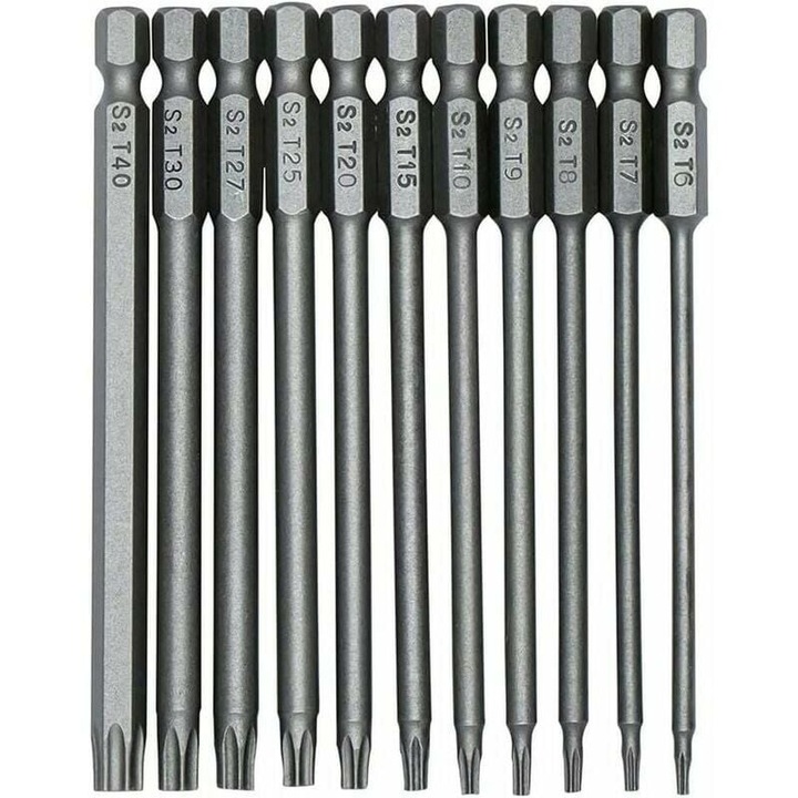 Set 11 Biti de Surubelnita Torx 100mm, Enforose, S2, T6-T40, Hex 6.35mm, Magnetici