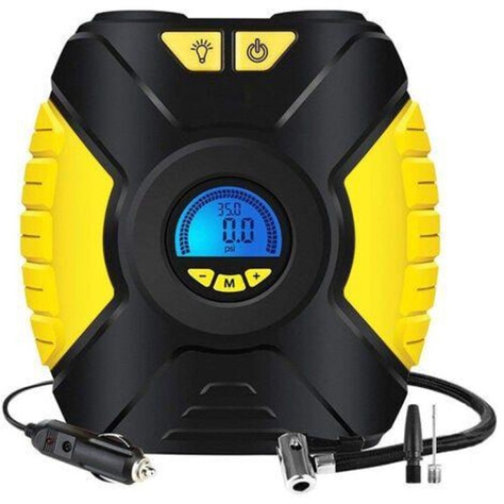 Compresor de aer portabil BGHYHYHI, 12V, 100 psi, cu manometru, 3 adaptoare, cablu 3m, LED, pentru anvelope auto si biciclete, culoare galbena