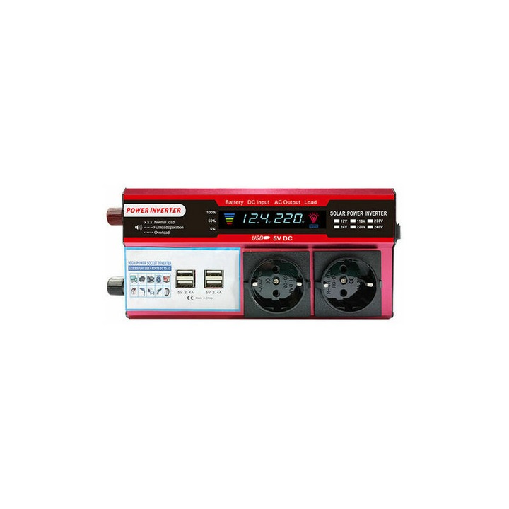Invertor solar / inverter 12V la 220-240V, sinus modificat 1500W continuu, varf 3000W, cu ecran LCD si carcasa din aluminiu, rosu, 1 buc