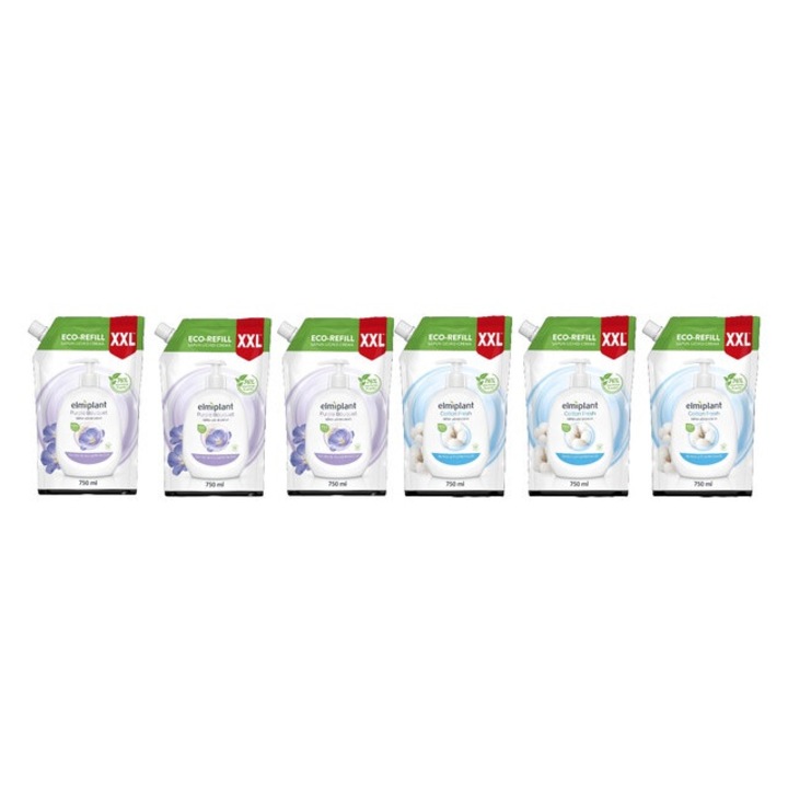 Сапун, Elmiplant, 3 x резервен течен сапун 750 ml Purple Bouquet, 3 x резервен течен сапун 750 ml Cotton Fresh, ефективно почистване, интензивна хидратация, лесно нанасяне, предотвратява дразнене, дерматологично тестван
