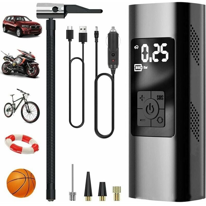 (Negru 1 buc) Mini pompa de aer electrica de 6000 mAh, model fara fir, pompa de aer pentru bicicleta electrica 150 PSI, afisaj digital LCD cu lumina LED, pompa de aer reincarcabila, potrivita pentru masina, bicicleta,