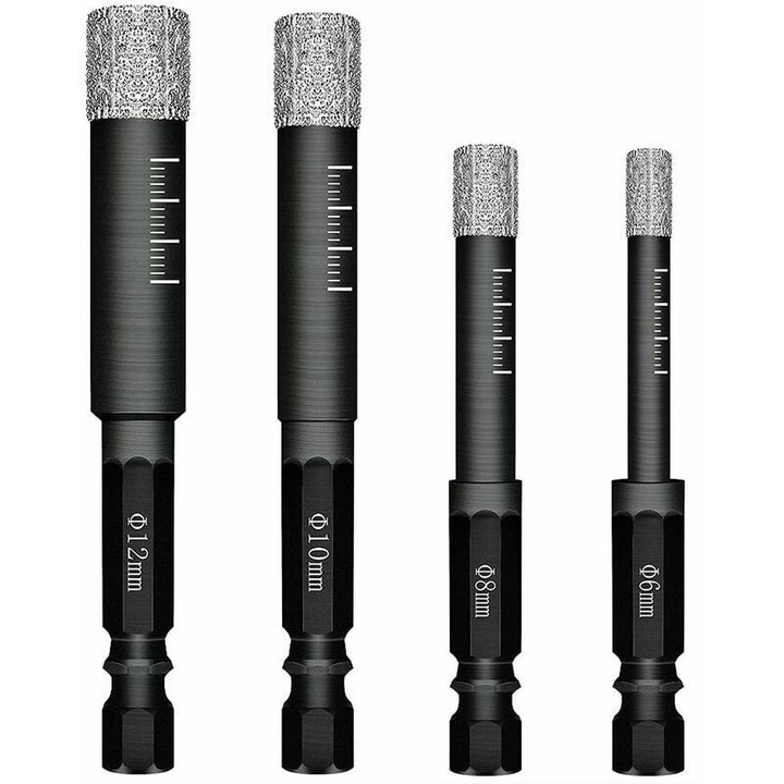 Set de 4 burghie diamantate AMRNUGL, hexagonal, negru/argintiu, 7 mm