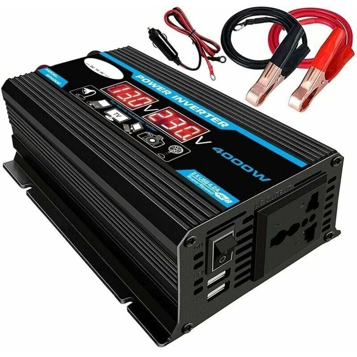 Захранващ инвертор 12V 220V, 4000W, чиста синусоида, двоен USB адаптер, универсален
