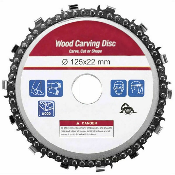 Roata de slefuit cu lant de 5" pentru polizoare unghiulare, disc de sculptura in lemn cu suprafata neteda, cu arbore 7/8", taiere de inalta eficienta si design orificiu pentru amortizor