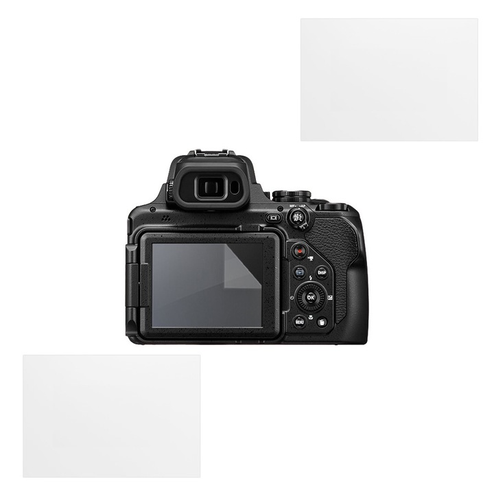 Set protectie compatibil cu Nikon Coolpix P1000, COMANDO Focus Shield, 2 Folii de Silicon Rezistente pentru Ecran, Anti-Reflexie, Anti-zgarieturi, Proprietati Regenerabile, Protectie Anti-Amprente, Aplicare usoara, Gri Transparent