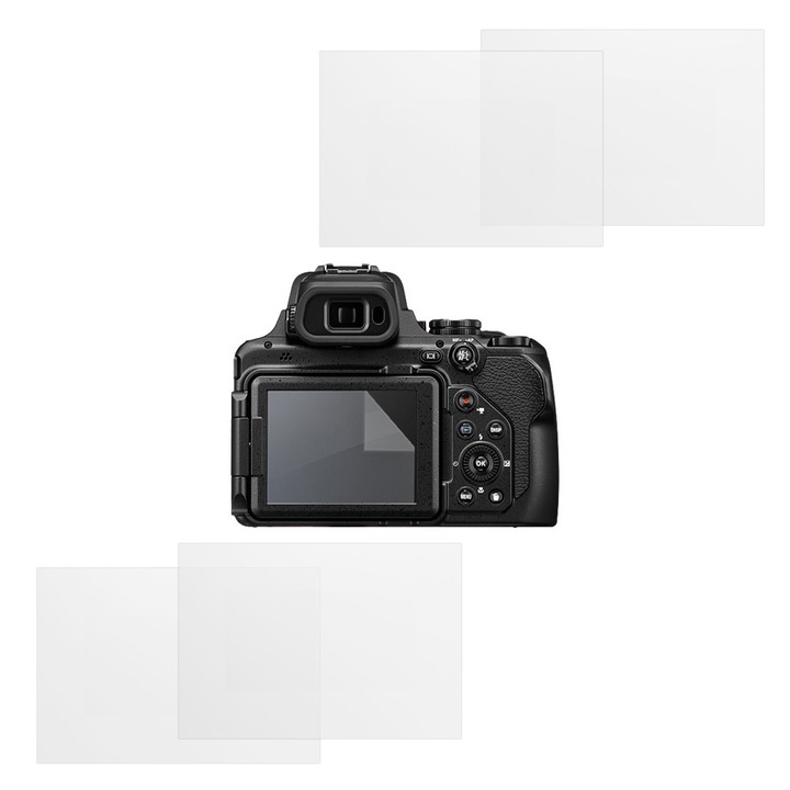 Nikon Coolpix P1000 kompatibilis védőkészlet, COMMANDO Focus Shield, 4 ellenálló szilikon fólia a képernyőhöz, tükröződésmentes, karcolásgátló, regenerálható tulajdonságok, ujjlenyomat elleni védelem, egyszerű felhordás, átlátszó szürke