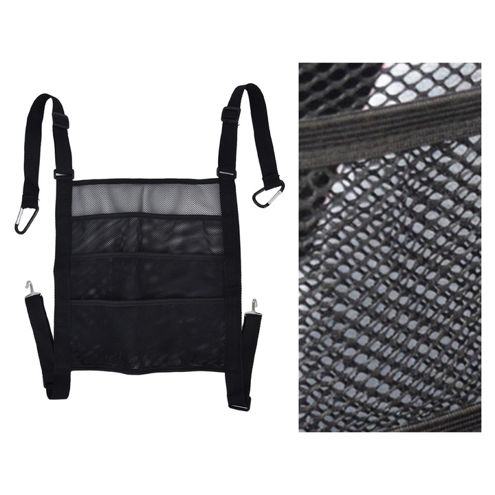 Чанта с мрежа за задна седалка на кола, longziming, голям капацитет, многослоен дизайн, подплатена, черна