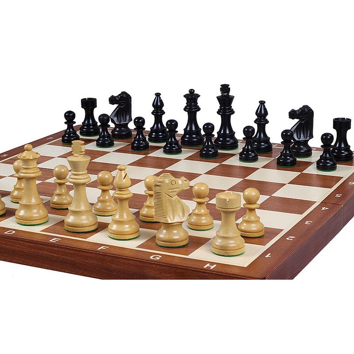 Set de Sah Turneu, Sunrise Chess & Games, Staunton nr 5, Intarsiat cu Mahon, Figuri de Buxus, 3.5'', Cutie Lemn Ecologic